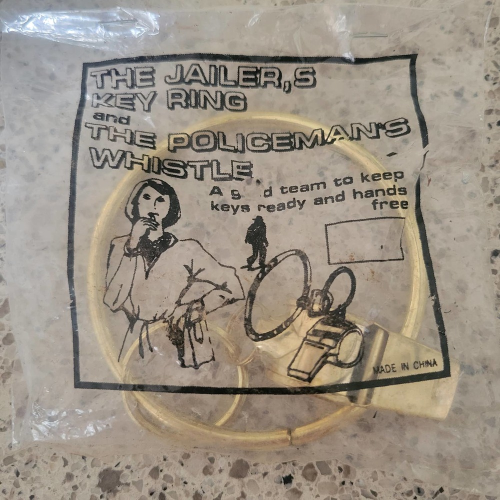 VTG The Jailer's Key Ring + The Policeman's Whistle Brass ORing NEW Flawed Bag